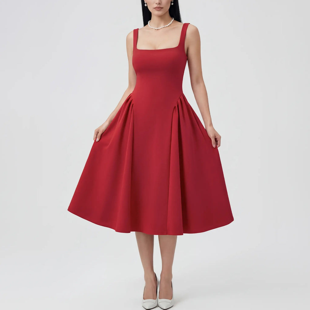 OQQ Women'S Sleeveless Elegant Square Neck Swing a Line Wedding Evening Party and Casual Midi Dress