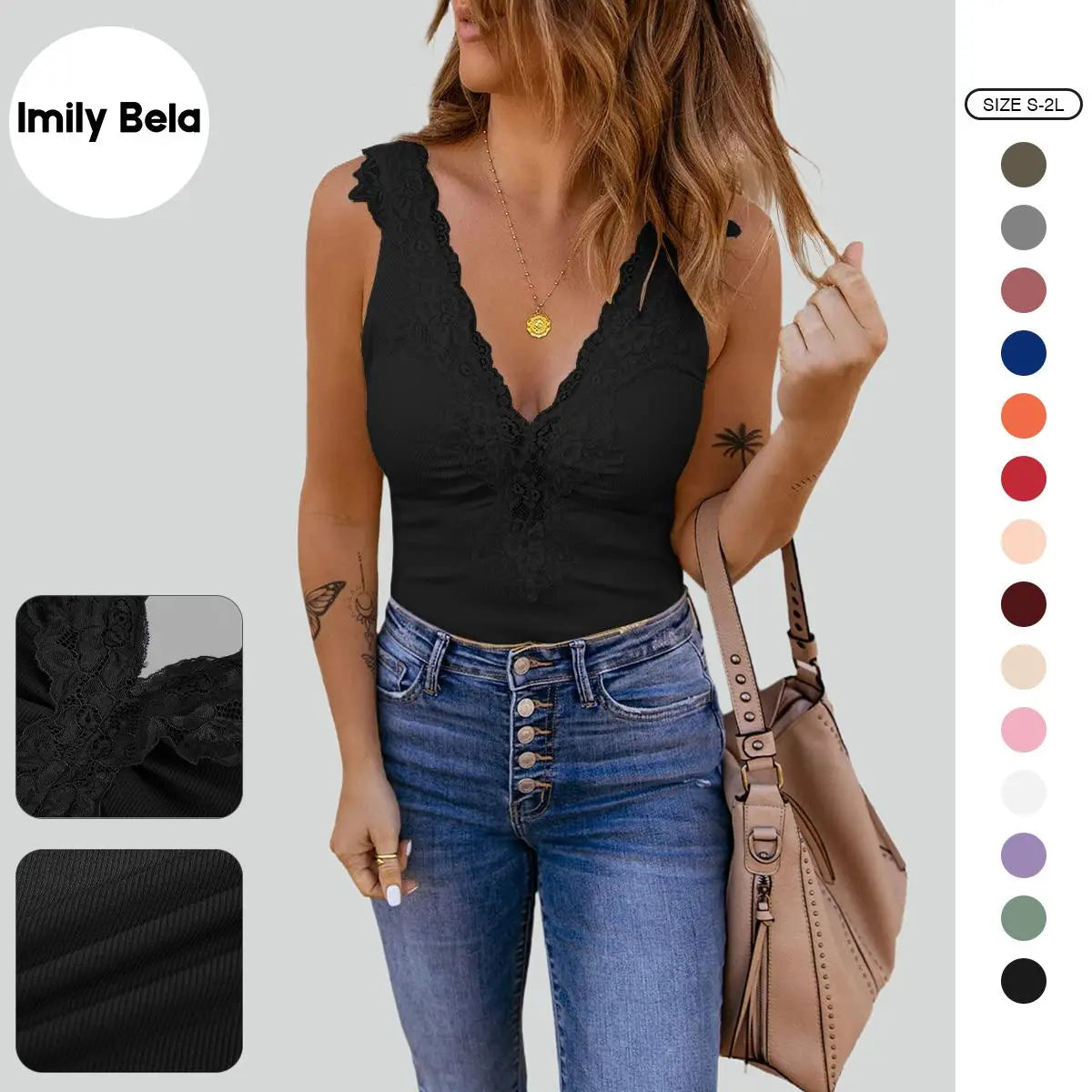 Imily Bela Womens Lace Patchwork Sexy Deep V Neck Sleeveless Knitted Vests Summer Camis Tank Tops Summervibes