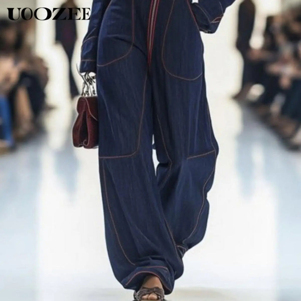 UOOZEE Women'S 2026 New Chic Minimalist Long-Sleeve Deep Blue Denim Jumpsuit - Spandex Blend, Red Contrast Stitching, Zippered Wide Leg, Pockets, Loose Fit Casual Coveralls - Ideal for Spring Brunch, Fall Urban Outings