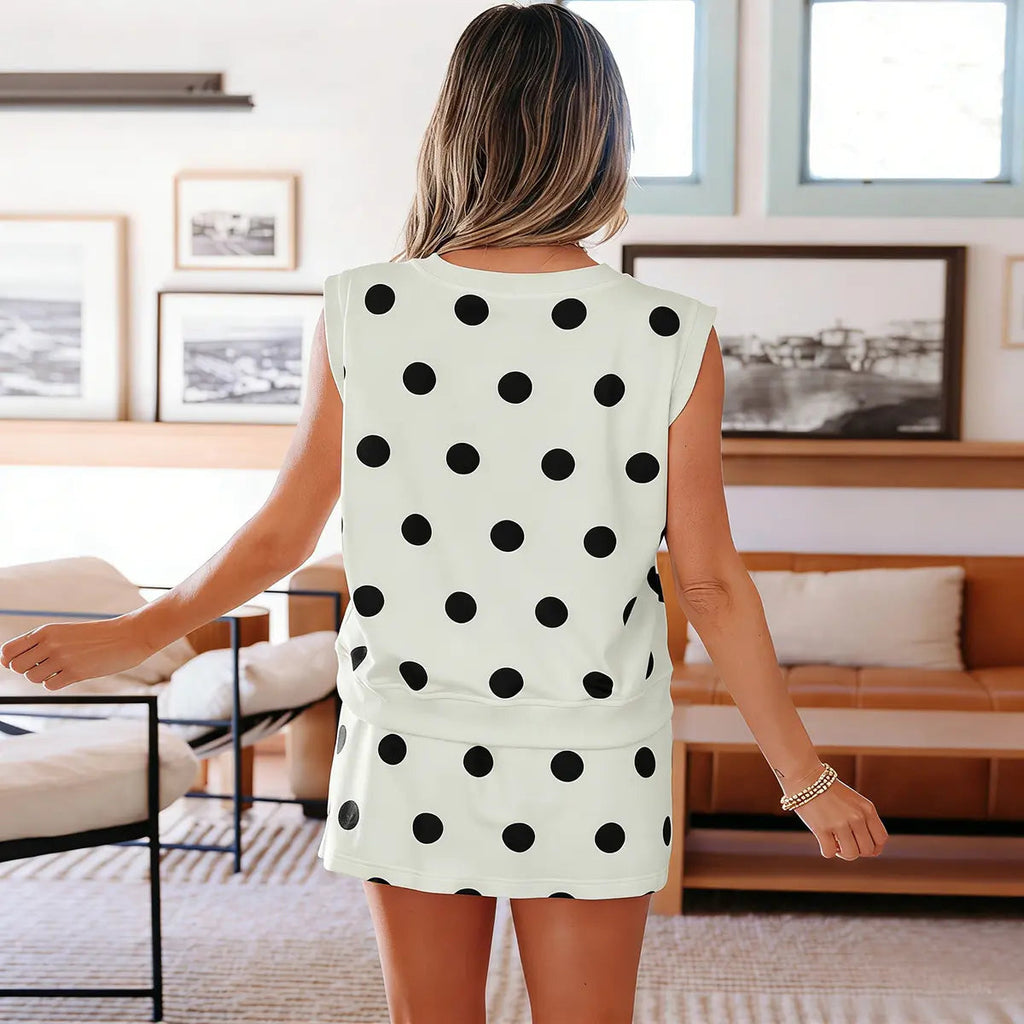 Mntaor Womenswear White Ribbed Trim Polka Dot Print Tank Top & Mini Skort Set Soft Stretch Fabric Split Front Design Perfect for Street Style Vacation& Festival Vibes - Clothes