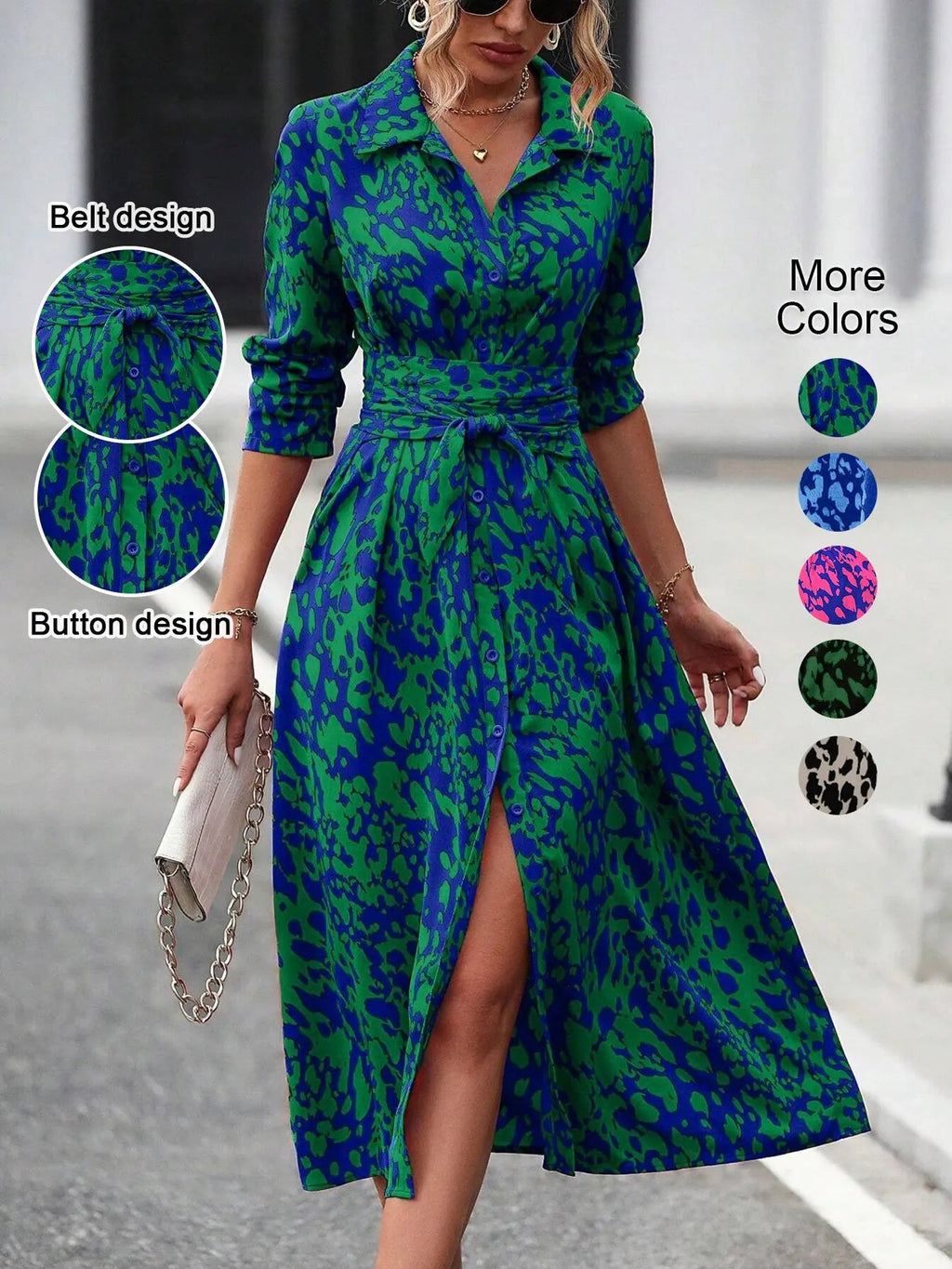 Women'S Spring Autumn Elegant Boho Casual Wear Geometric Tie Dye Print Button Front Belt Midi Dress, Long Sleeve Fitted Design, Multiple Color Options, Womenswear