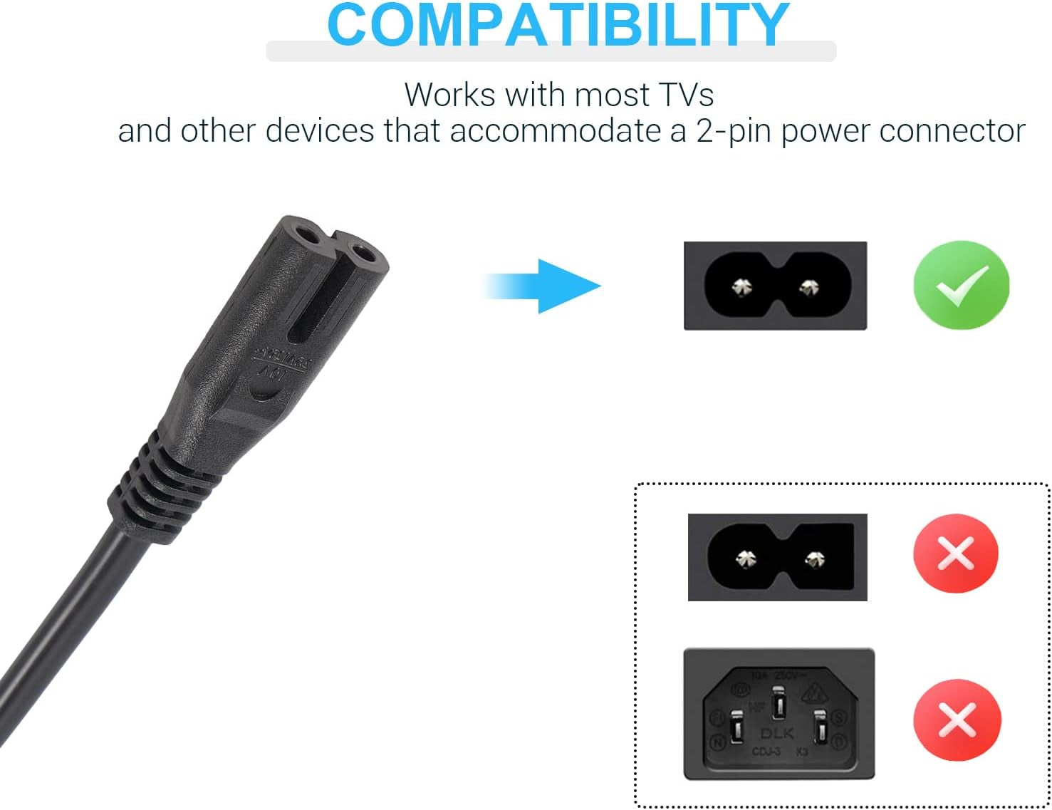 12FT Power Cord Compatible TCL Roku Samsung LG TV Non Polarized AC Power Cable Replacement [UL Listed]