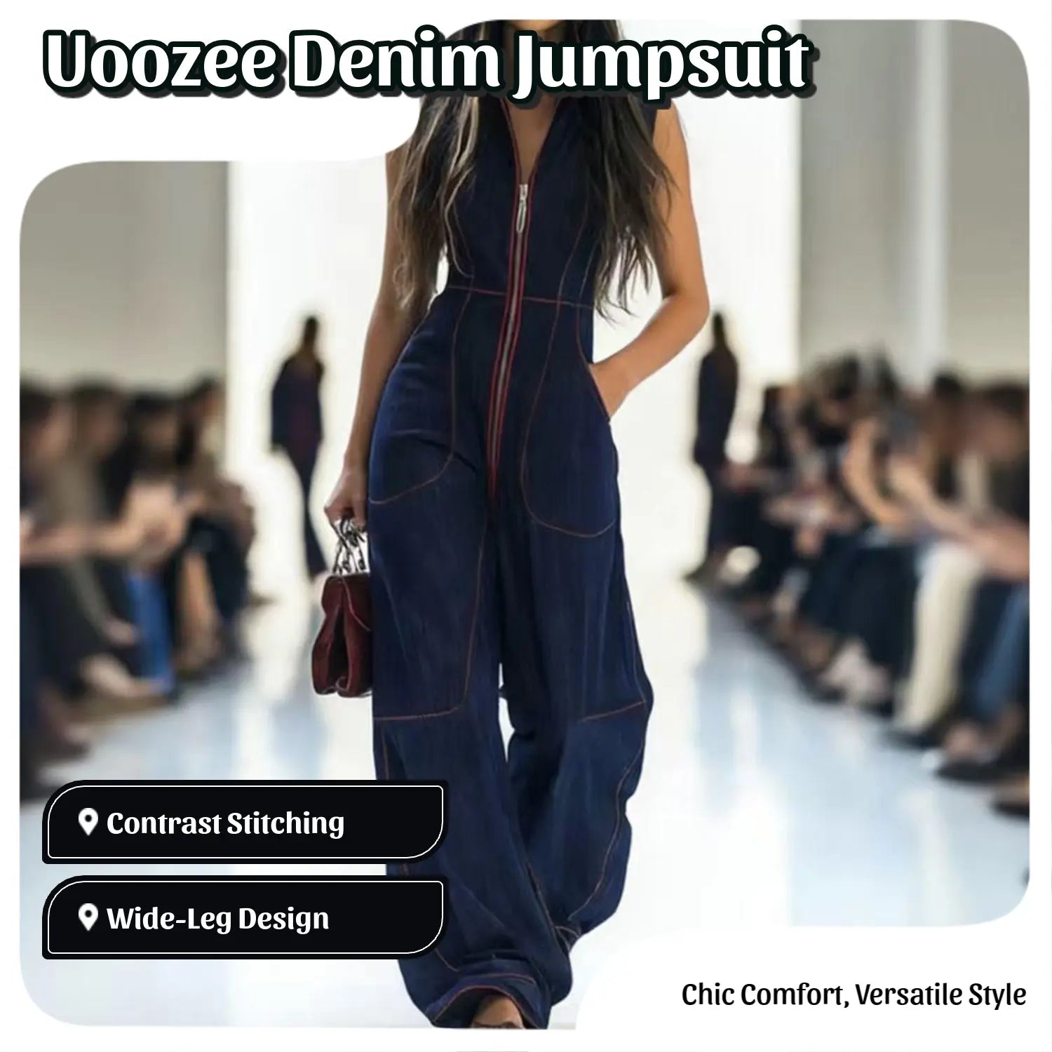 UOOZEE Women'S 2026 New Chic Minimalist Long-Sleeve Deep Blue Denim Jumpsuit - Spandex Blend, Red Contrast Stitching, Zippered Wide Leg, Pockets, Loose Fit Casual Coveralls - Ideal for Spring Brunch, Fall Urban Outings