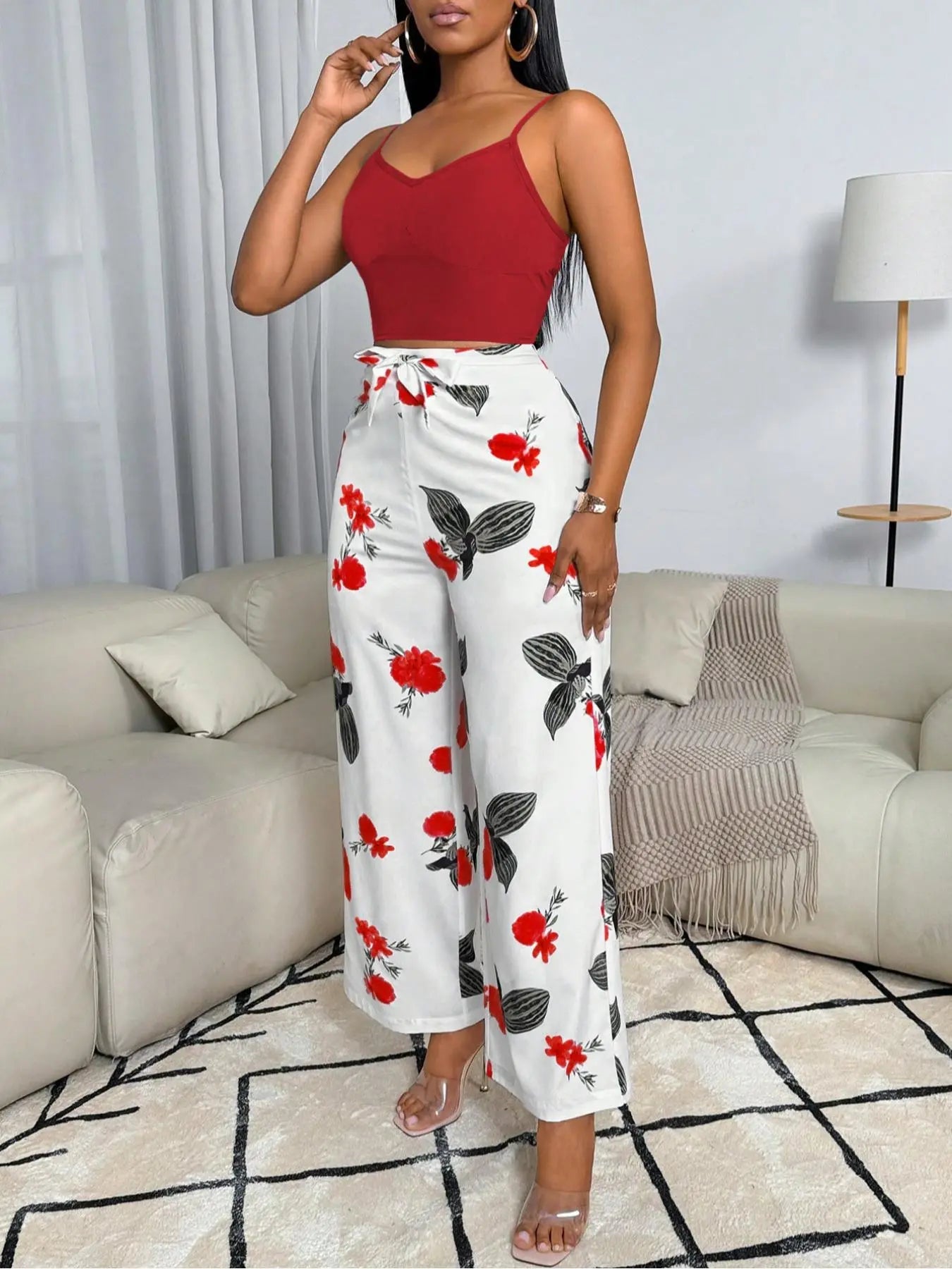 Usboutiquechic Women'S Summer Sleeveless Crop Top & High-Waist Pants Set | 100% Polyester Casual Two Piece Outfit