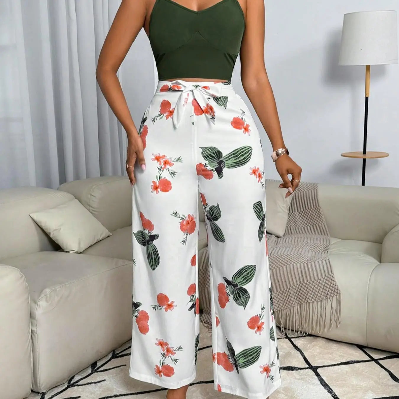 Usboutiquechic Women'S Summer Sleeveless Crop Top & High-Waist Pants Set | 100% Polyester Casual Two Piece Outfit