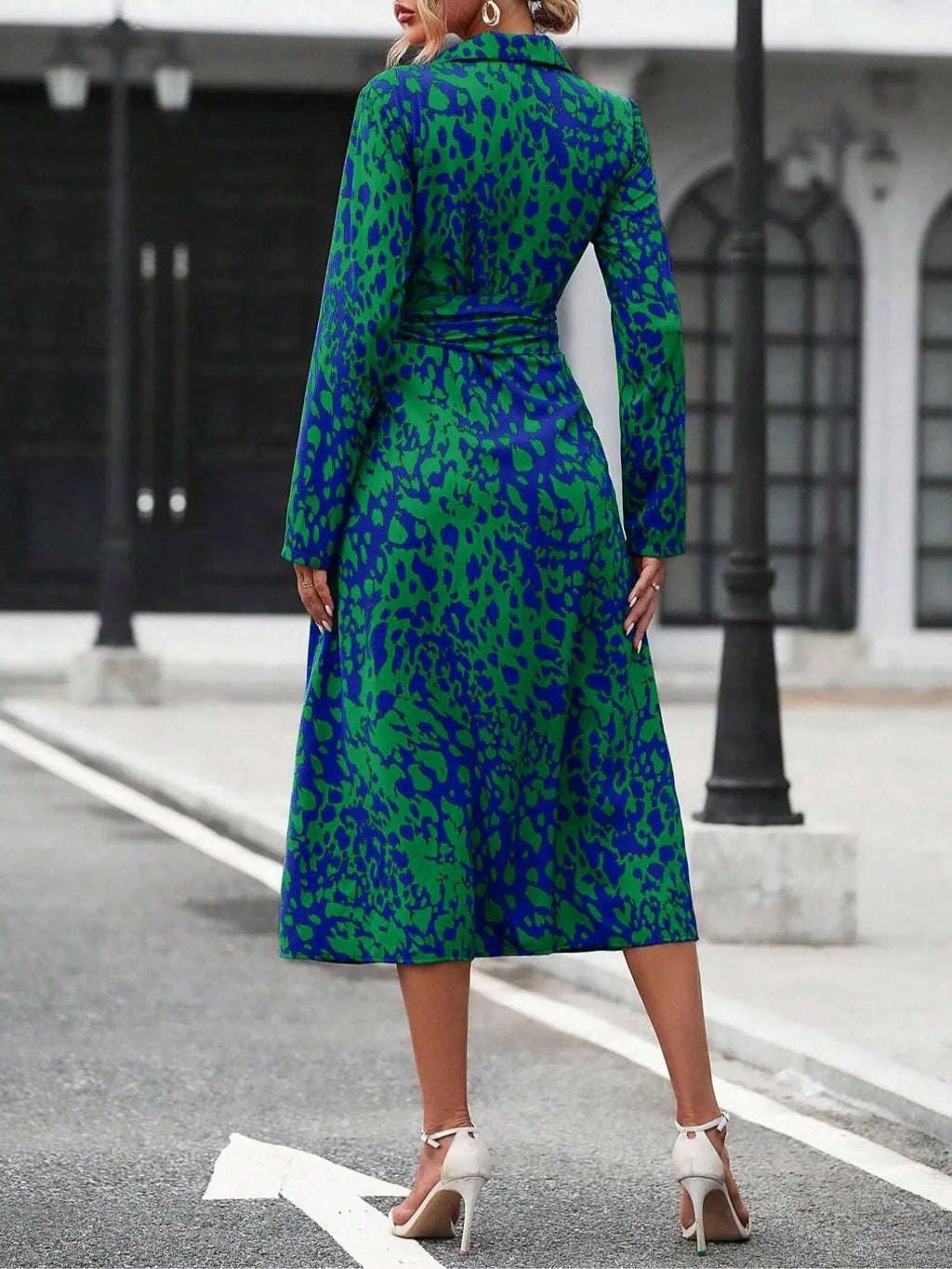 Women'S Spring Autumn Elegant Boho Casual Wear Geometric Tie Dye Print Button Front Belt Midi Dress, Long Sleeve Fitted Design, Multiple Color Options, Womenswear