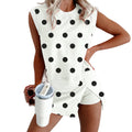 Mntaor Womenswear White Ribbed Trim Polka Dot Print Tank Top & Mini Skort Set Soft Stretch Fabric Split Front Design Perfect for Street Style Vacation& Festival Vibes - Clothes