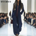 UOOZEE Women'S 2026 New Chic Minimalist Long-Sleeve Deep Blue Denim Jumpsuit - Spandex Blend, Red Contrast Stitching, Zippered Wide Leg, Pockets, Loose Fit Casual Coveralls - Ideal for Spring Brunch, Fall Urban Outings