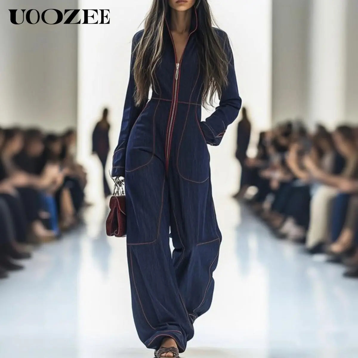UOOZEE Women'S 2026 New Chic Minimalist Long-Sleeve Deep Blue Denim Jumpsuit - Spandex Blend, Red Contrast Stitching, Zippered Wide Leg, Pockets, Loose Fit Casual Coveralls - Ideal for Spring Brunch, Fall Urban Outings