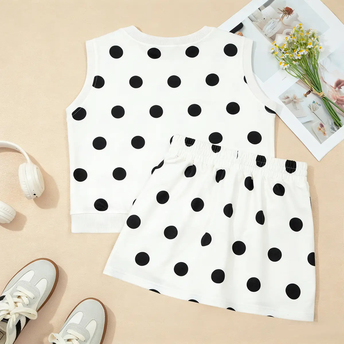 Mntaor Womenswear White Ribbed Trim Polka Dot Print Tank Top & Mini Skort Set Soft Stretch Fabric Split Front Design Perfect for Street Style Vacation& Festival Vibes - Clothes