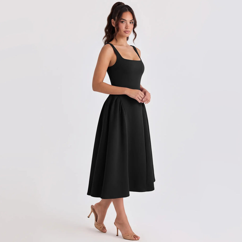 OQQ Women'S Sleeveless Elegant Square Neck Swing a Line Wedding Evening Party and Casual Midi Dress