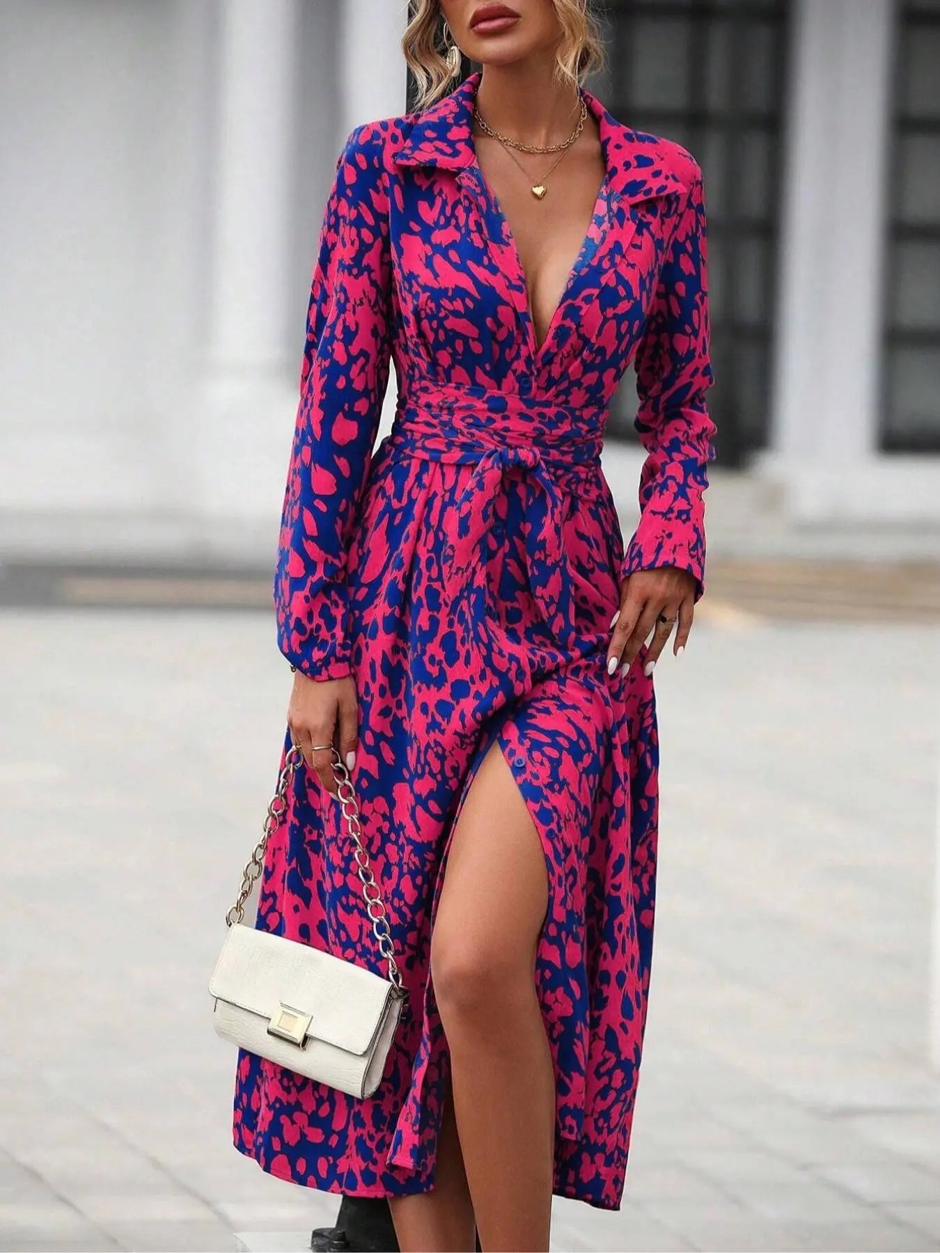 Women'S Spring Autumn Elegant Boho Casual Wear Geometric Tie Dye Print Button Front Belt Midi Dress, Long Sleeve Fitted Design, Multiple Color Options, Womenswear