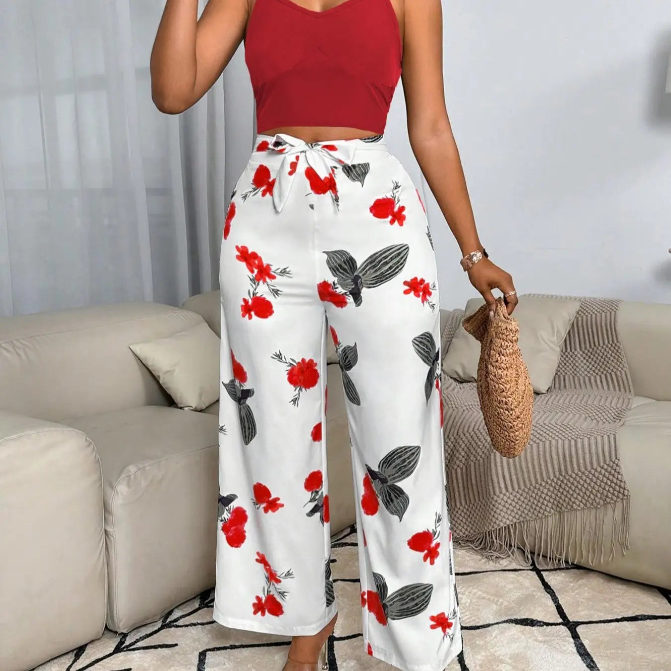 Usboutiquechic Women'S Summer Sleeveless Crop Top & High-Waist Pants Set | 100% Polyester Casual Two Piece Outfit