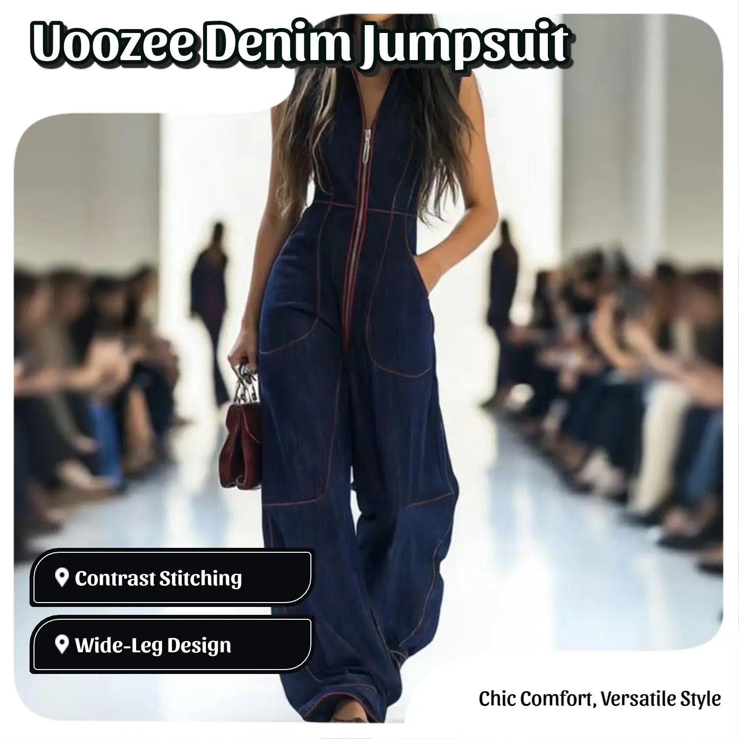 UOOZEE Women'S 2026 New Chic Minimalist Long-Sleeve Deep Blue Denim Jumpsuit - Spandex Blend, Red Contrast Stitching, Zippered Wide Leg, Pockets, Loose Fit Casual Coveralls - Ideal for Spring Brunch, Fall Urban Outings