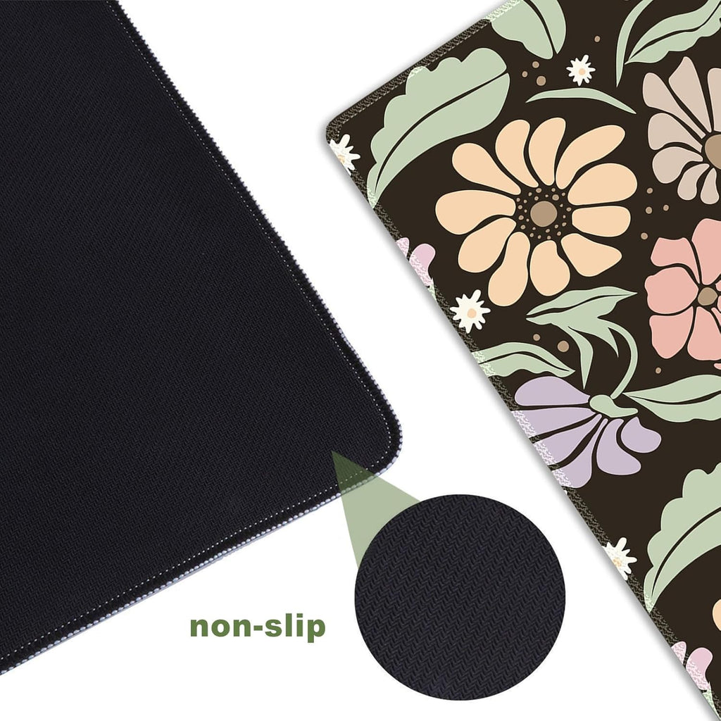 ARTSO Black Large Desk Mat,Xxl Gaming Mouse Pad,Non Slip Desk Pad with Rubber Base,Floral Extended Keyboard Mat with Stitched Edges for Office Home School