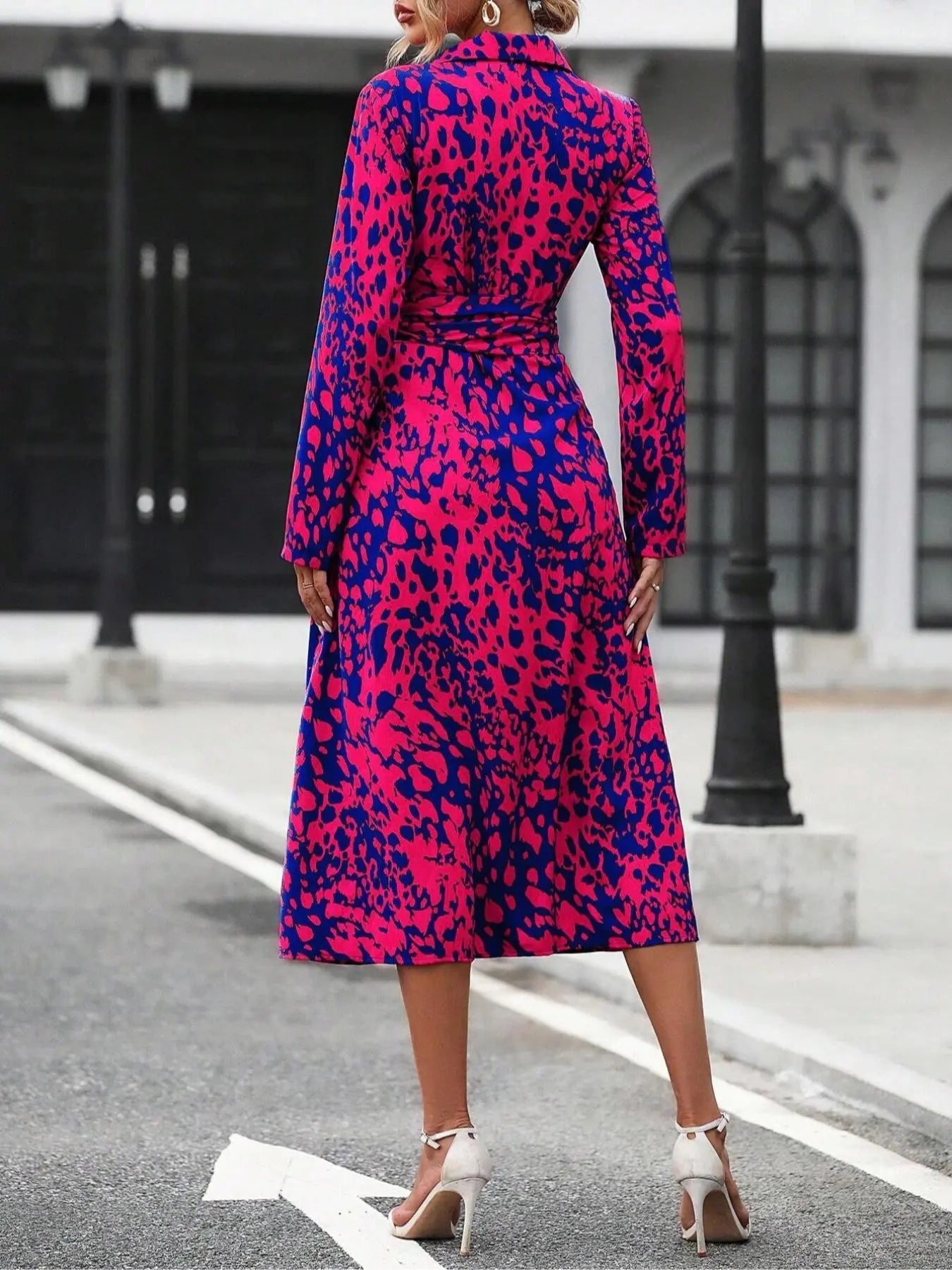 Women'S Spring Autumn Elegant Boho Casual Wear Geometric Tie Dye Print Button Front Belt Midi Dress, Long Sleeve Fitted Design, Multiple Color Options, Womenswear