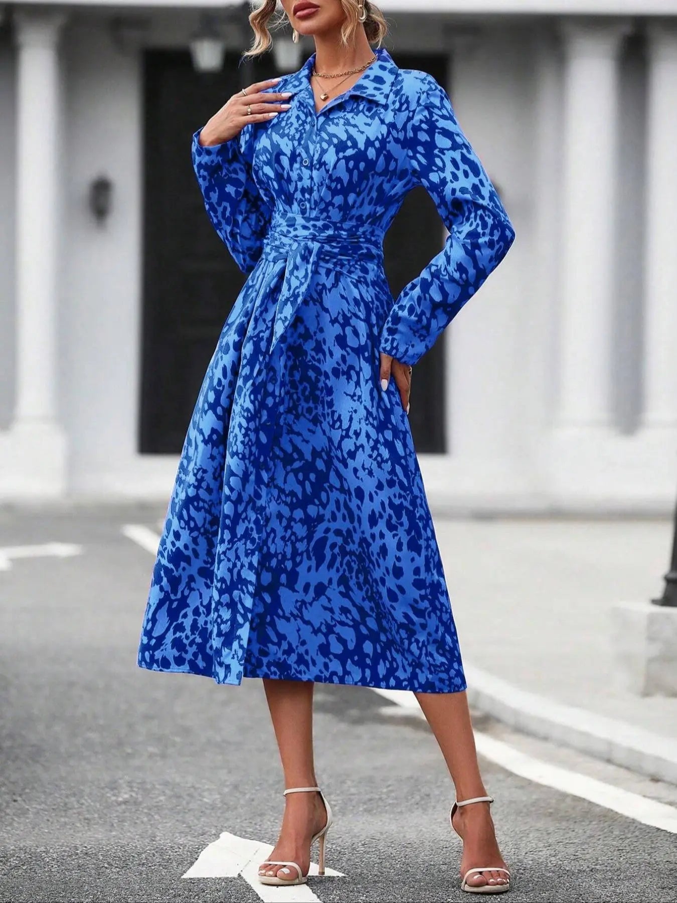 Women'S Spring Autumn Elegant Boho Casual Wear Geometric Tie Dye Print Button Front Belt Midi Dress, Long Sleeve Fitted Design, Multiple Color Options, Womenswear