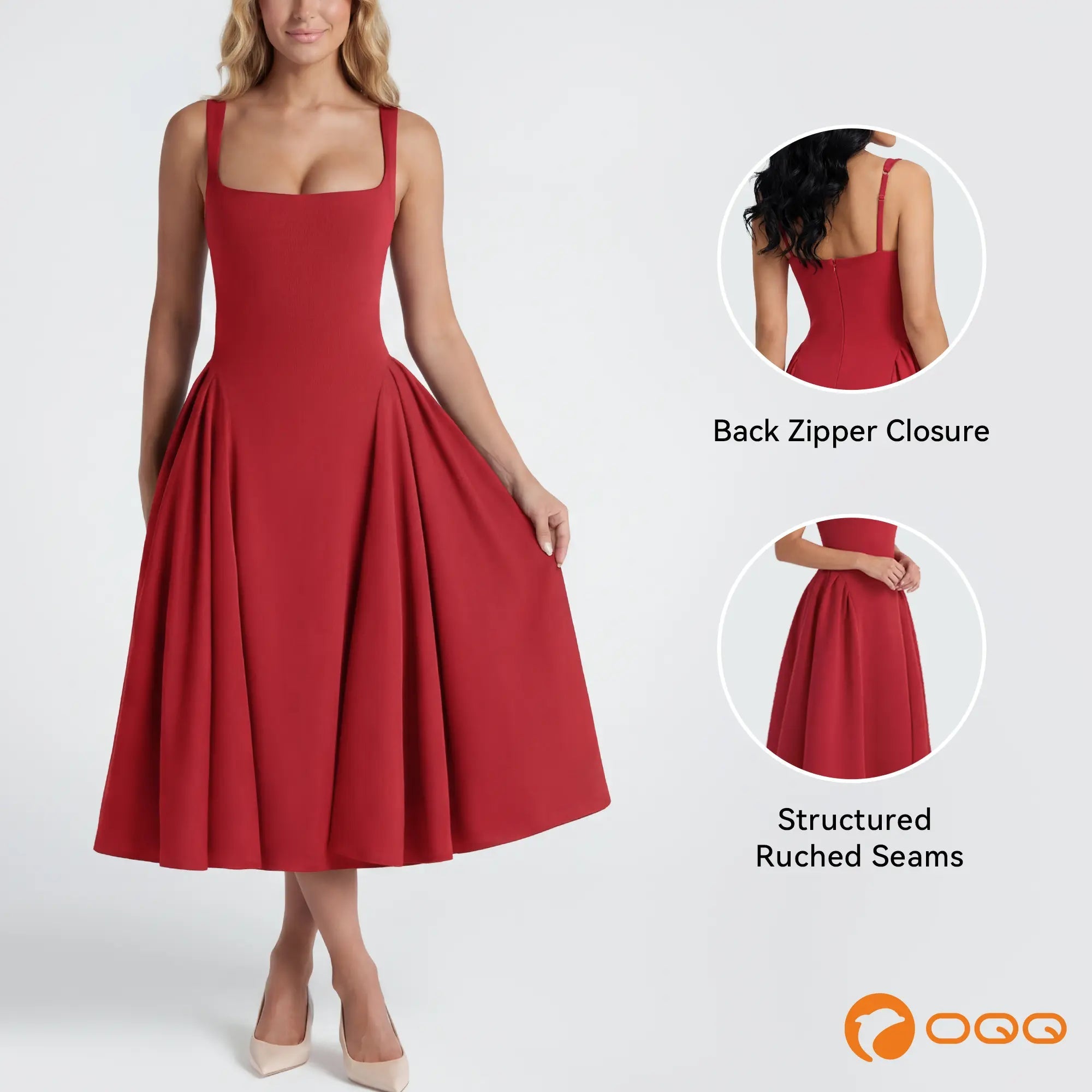 OQQ Women'S Sleeveless Elegant Square Neck Swing a Line Wedding Evening Party and Casual Midi Dress