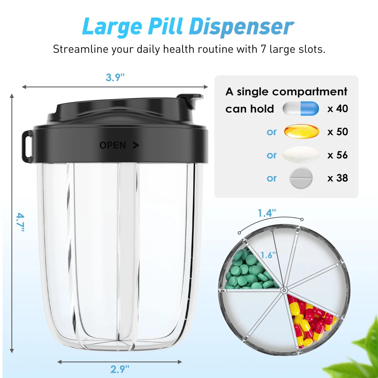7 Grids Large Pill Cup Bottle Organizer Supplement Organizer for Holding 7 Various Vitamins Travel Pill Case Box Straw Container