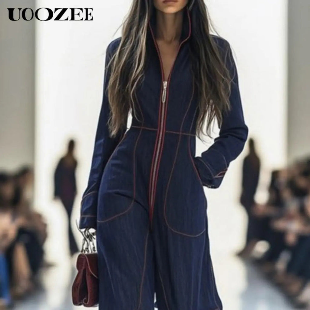 UOOZEE Women'S 2026 New Chic Minimalist Long-Sleeve Deep Blue Denim Jumpsuit - Spandex Blend, Red Contrast Stitching, Zippered Wide Leg, Pockets, Loose Fit Casual Coveralls - Ideal for Spring Brunch, Fall Urban Outings