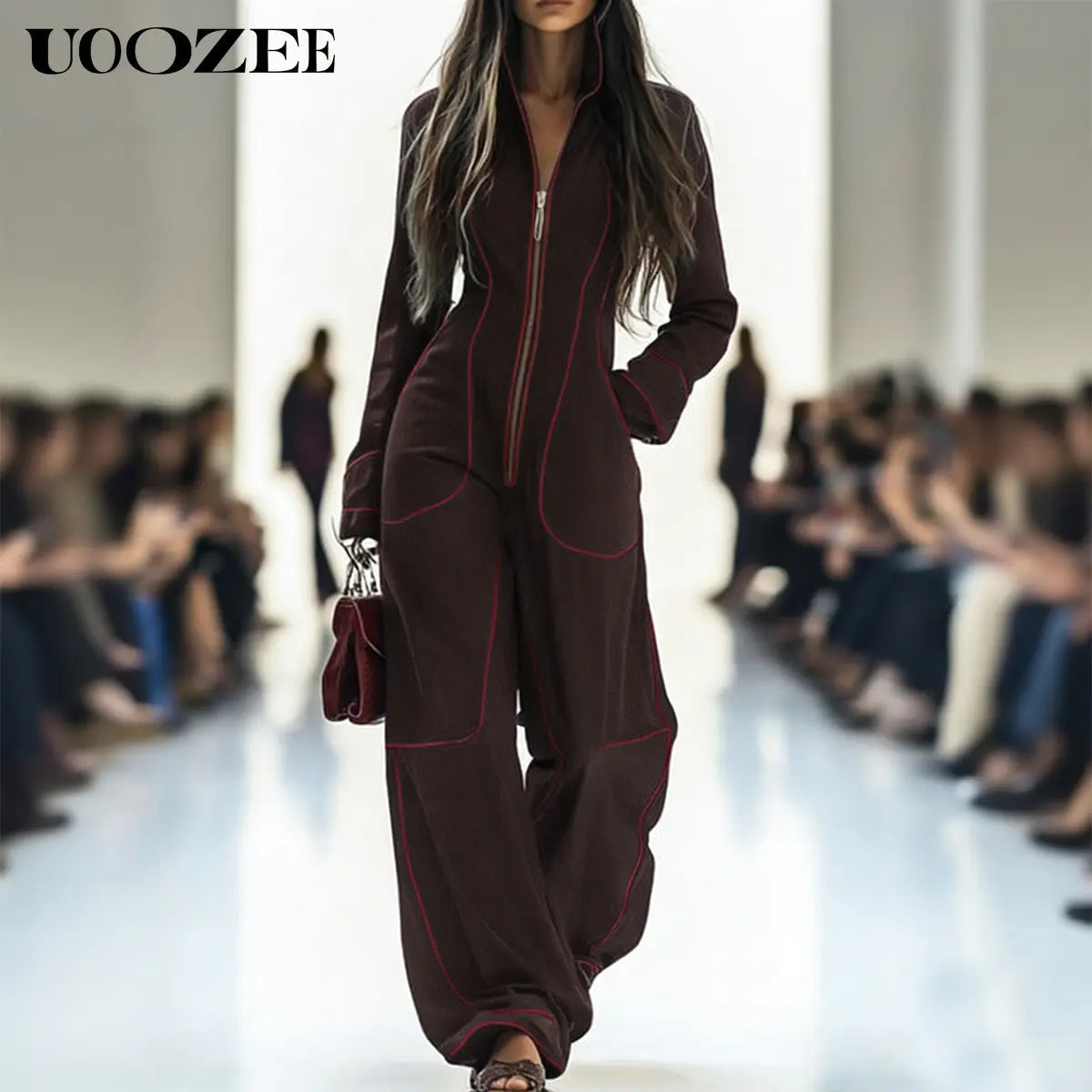 UOOZEE Women'S 2026 New Chic Minimalist Long-Sleeve Deep Blue Denim Jumpsuit - Spandex Blend, Red Contrast Stitching, Zippered Wide Leg, Pockets, Loose Fit Casual Coveralls - Ideal for Spring Brunch, Fall Urban Outings