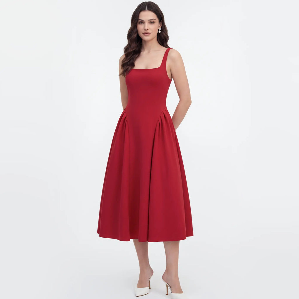 OQQ Women'S Sleeveless Elegant Square Neck Swing a Line Wedding Evening Party and Casual Midi Dress