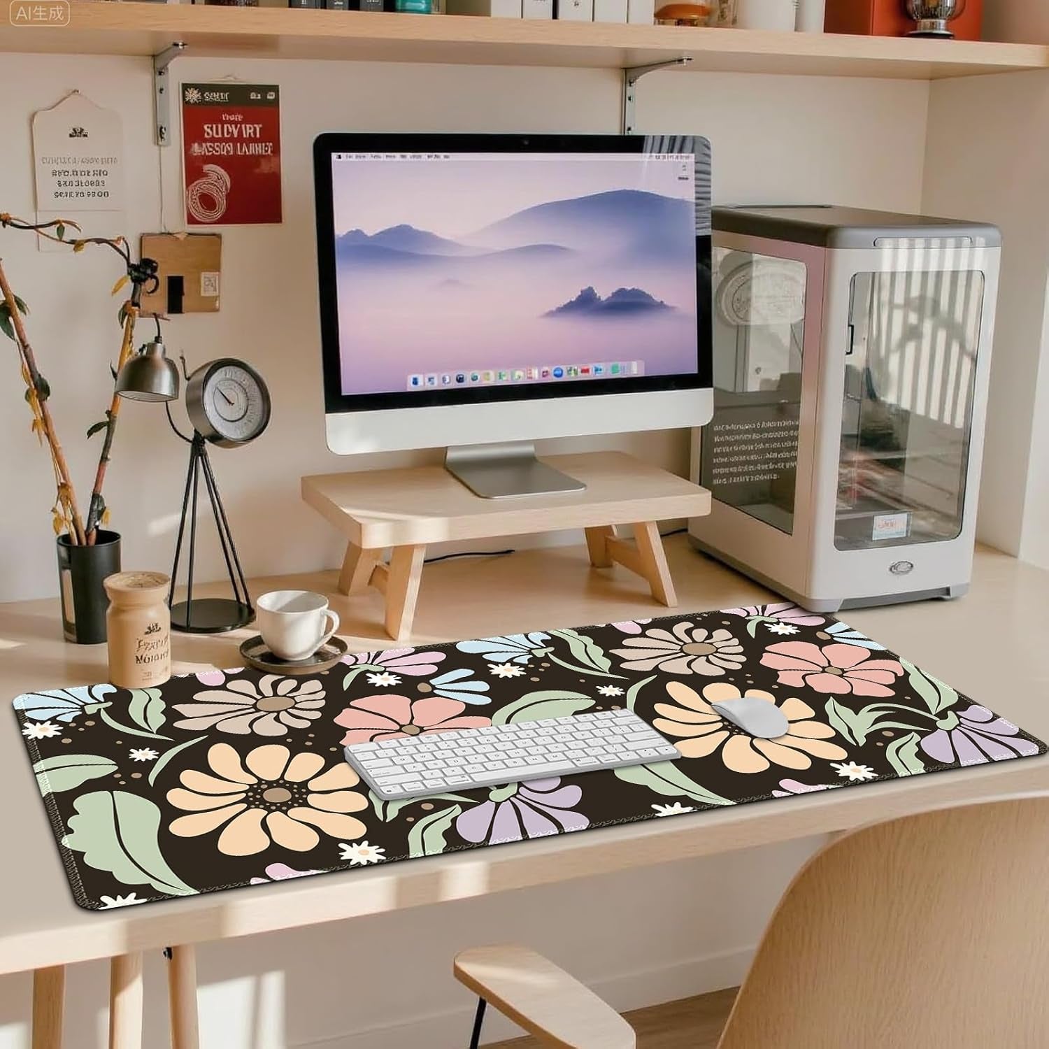 ARTSO Black Large Desk Mat,Xxl Gaming Mouse Pad,Non Slip Desk Pad with Rubber Base,Floral Extended Keyboard Mat with Stitched Edges for Office Home School