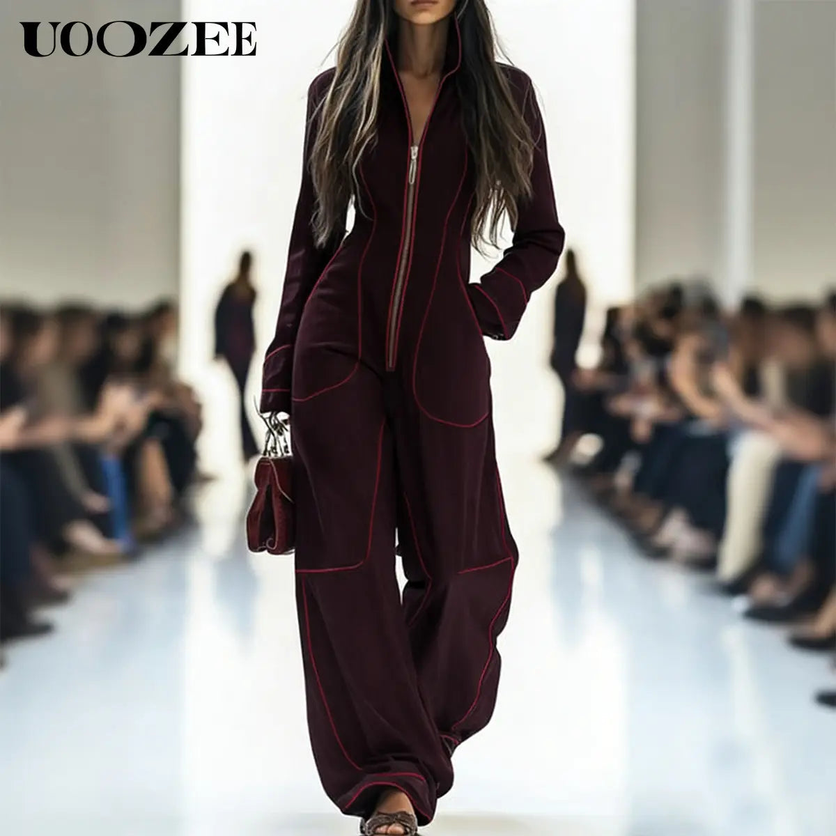 UOOZEE Women'S 2026 New Chic Minimalist Long-Sleeve Deep Blue Denim Jumpsuit - Spandex Blend, Red Contrast Stitching, Zippered Wide Leg, Pockets, Loose Fit Casual Coveralls - Ideal for Spring Brunch, Fall Urban Outings