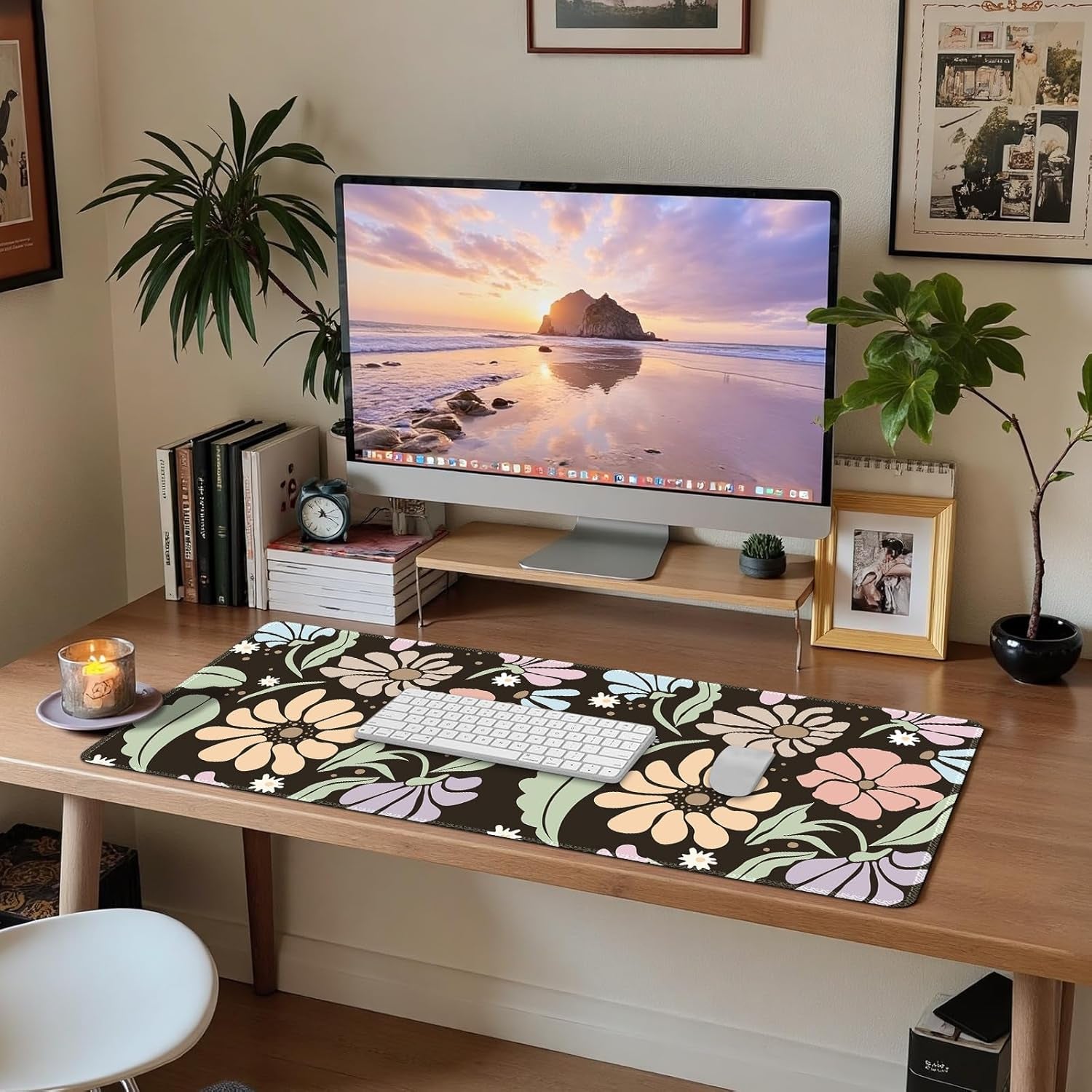 ARTSO Black Large Desk Mat,Xxl Gaming Mouse Pad,Non Slip Desk Pad with Rubber Base,Floral Extended Keyboard Mat with Stitched Edges for Office Home School