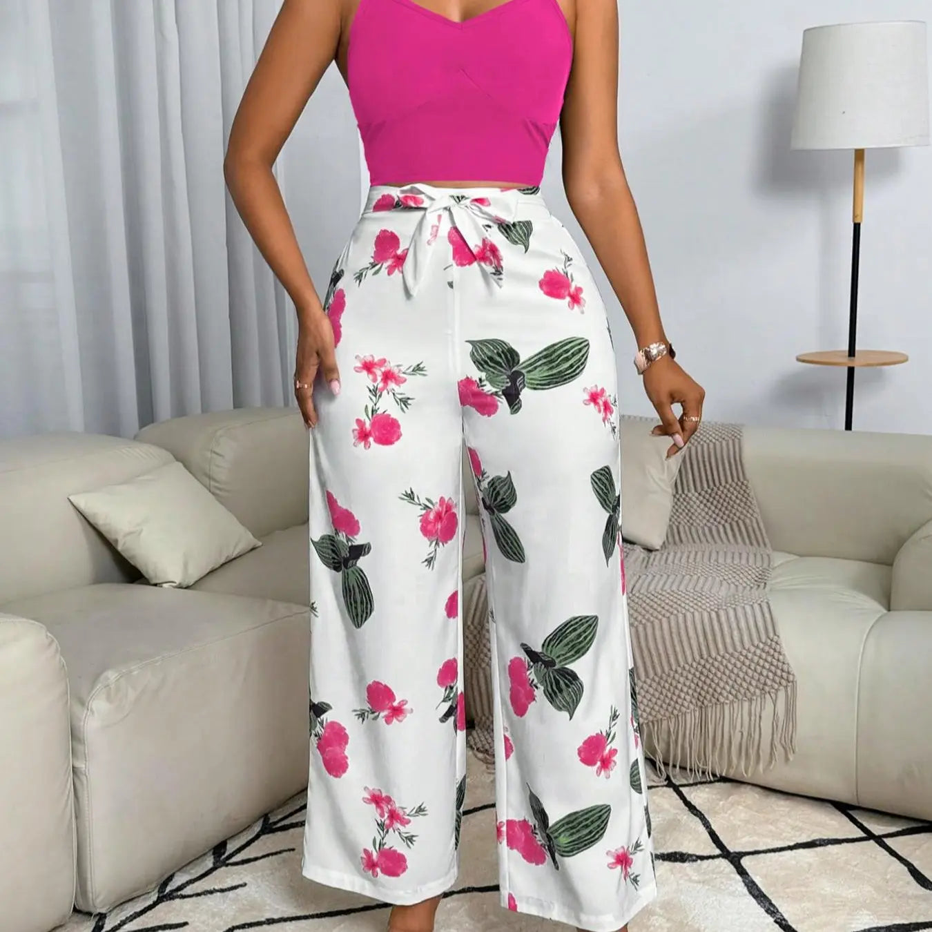 Usboutiquechic Women'S Summer Sleeveless Crop Top & High-Waist Pants Set | 100% Polyester Casual Two Piece Outfit
