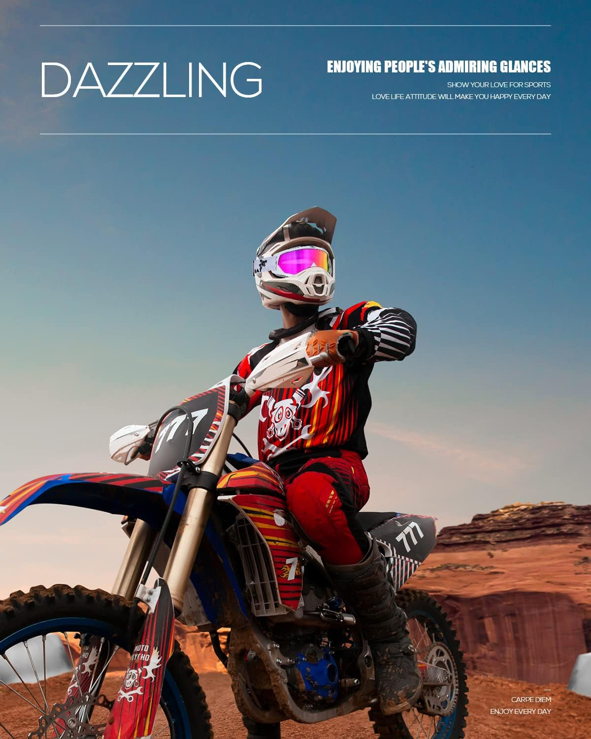 BATFOX Dirt Bike ATV Goggles Motorcycle Gear Riding Motocross Dirtbike 4-Wheeler MX DH Accessories Goggles Glasses for Men Women Youth UV400 Protection Dust-Proof Anti-Slip Strap