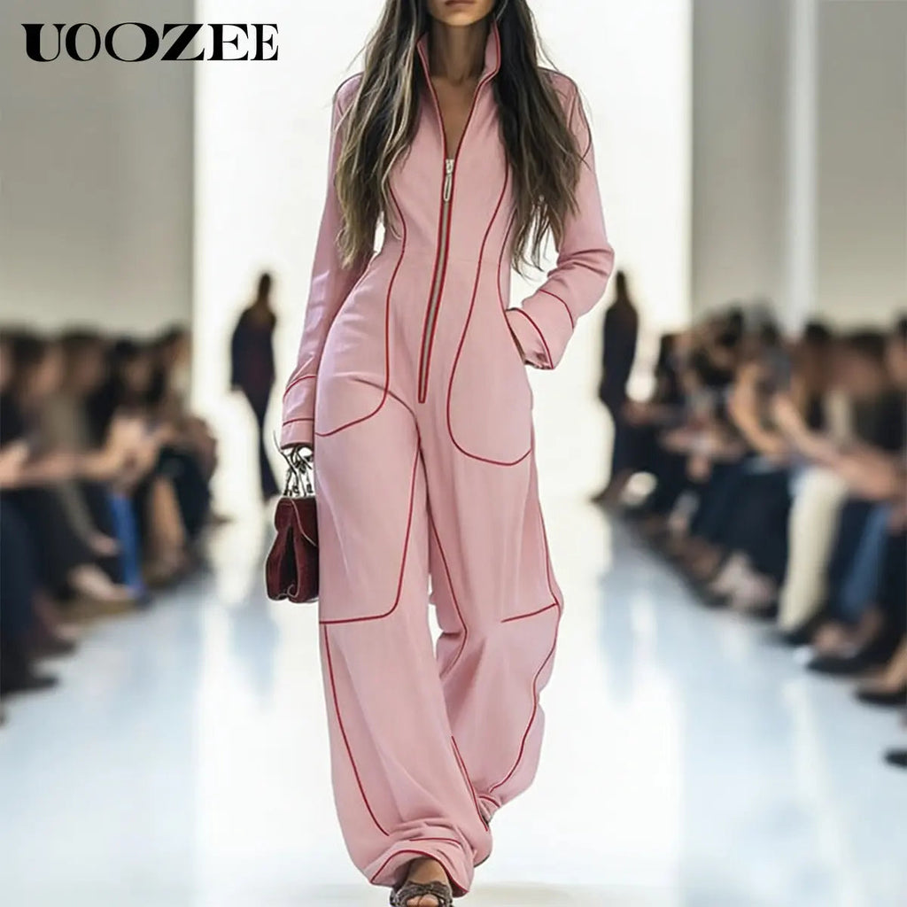 UOOZEE Women'S 2026 New Chic Minimalist Long-Sleeve Deep Blue Denim Jumpsuit - Spandex Blend, Red Contrast Stitching, Zippered Wide Leg, Pockets, Loose Fit Casual Coveralls - Ideal for Spring Brunch, Fall Urban Outings