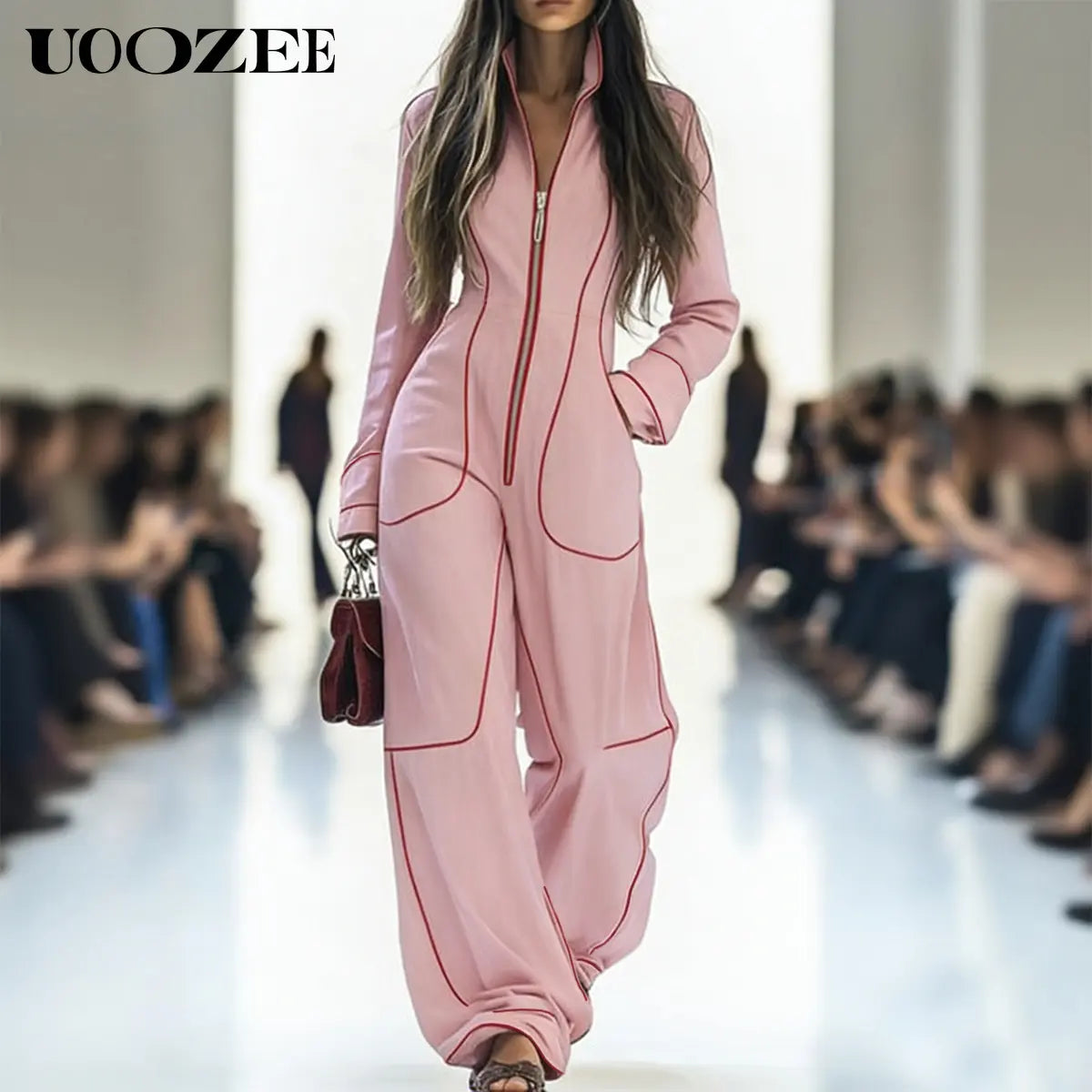 UOOZEE Women'S 2026 New Chic Minimalist Long-Sleeve Deep Blue Denim Jumpsuit - Spandex Blend, Red Contrast Stitching, Zippered Wide Leg, Pockets, Loose Fit Casual Coveralls - Ideal for Spring Brunch, Fall Urban Outings