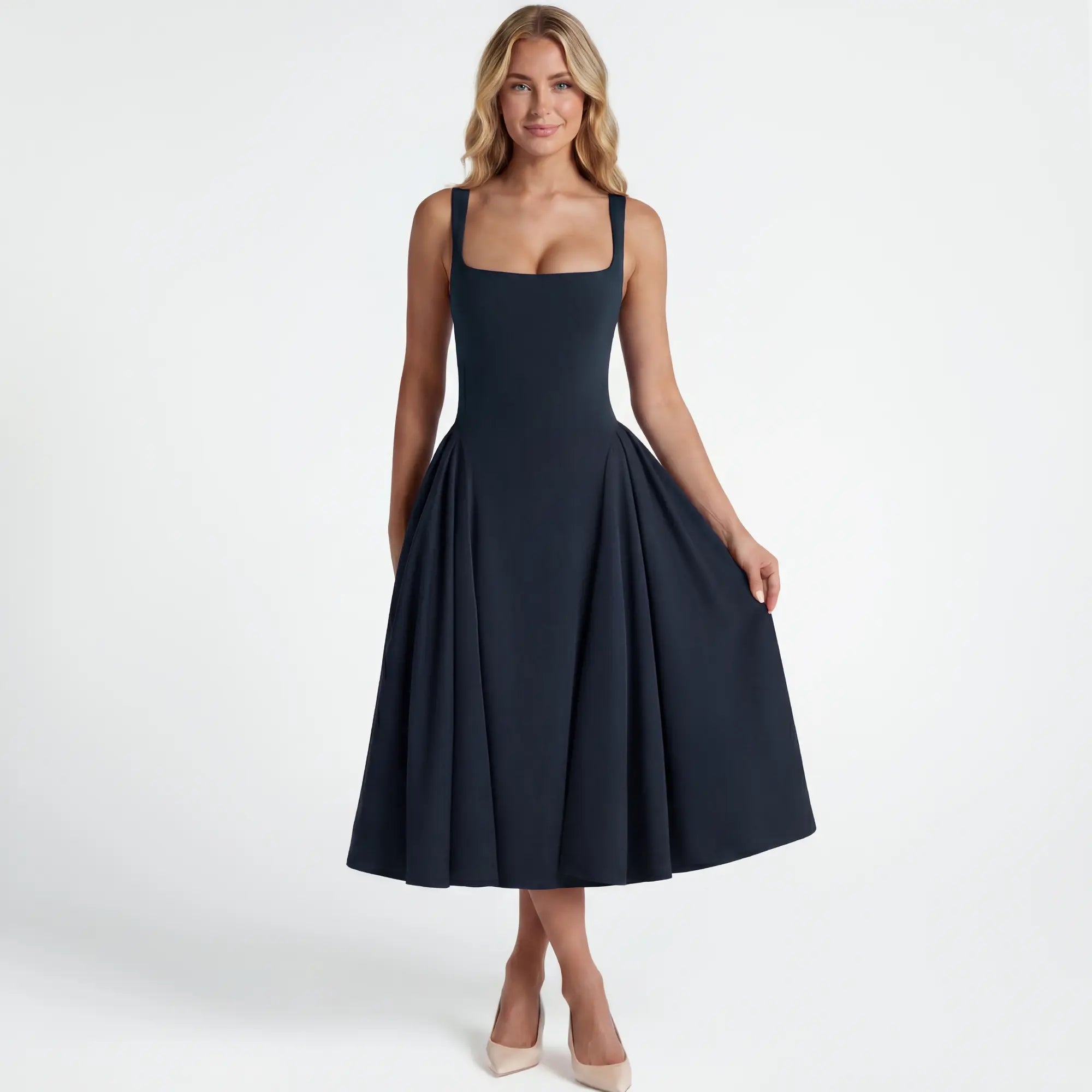 OQQ Women'S Sleeveless Elegant Square Neck Swing a Line Wedding Evening Party and Casual Midi Dress