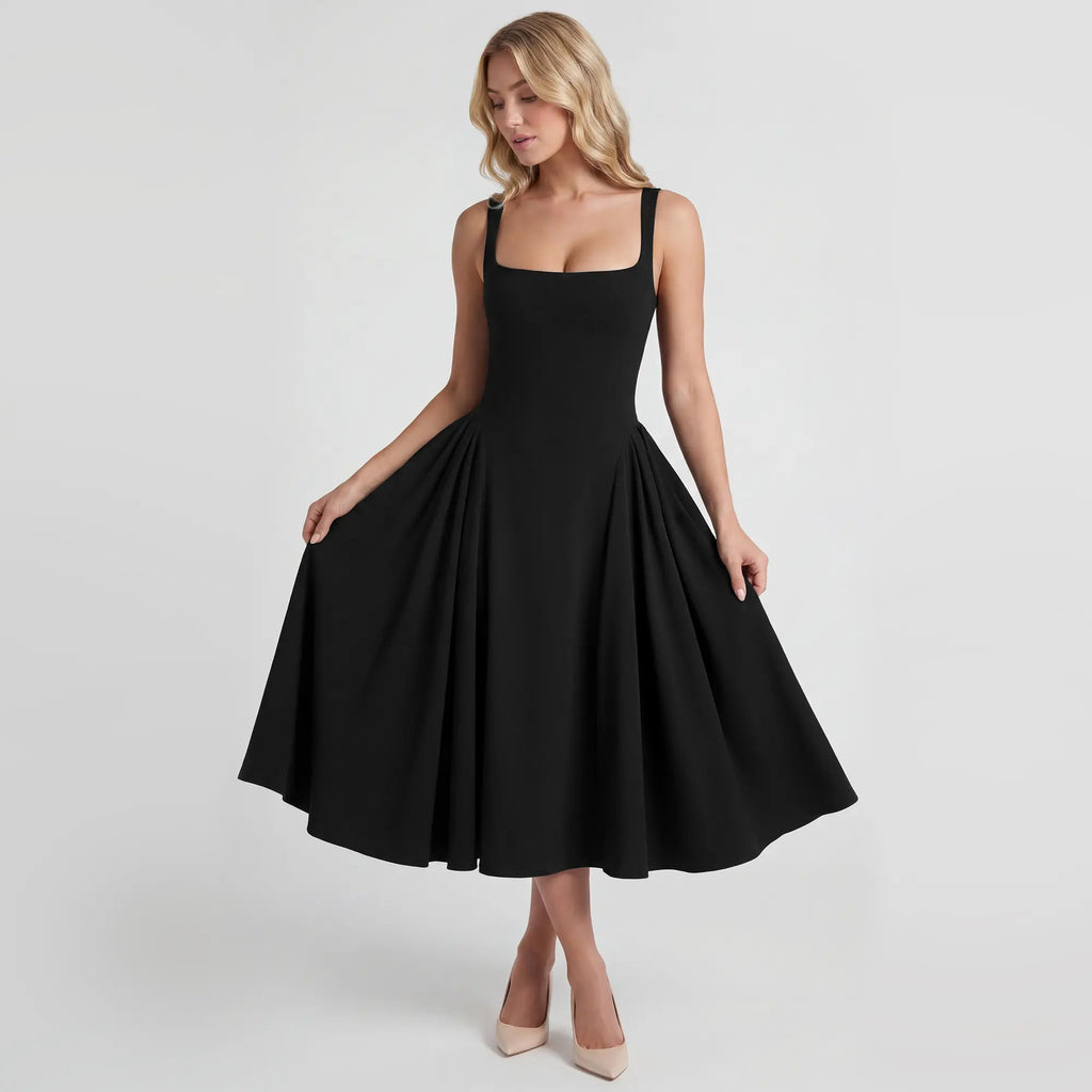 OQQ Women'S Sleeveless Elegant Square Neck Swing a Line Wedding Evening Party and Casual Midi Dress