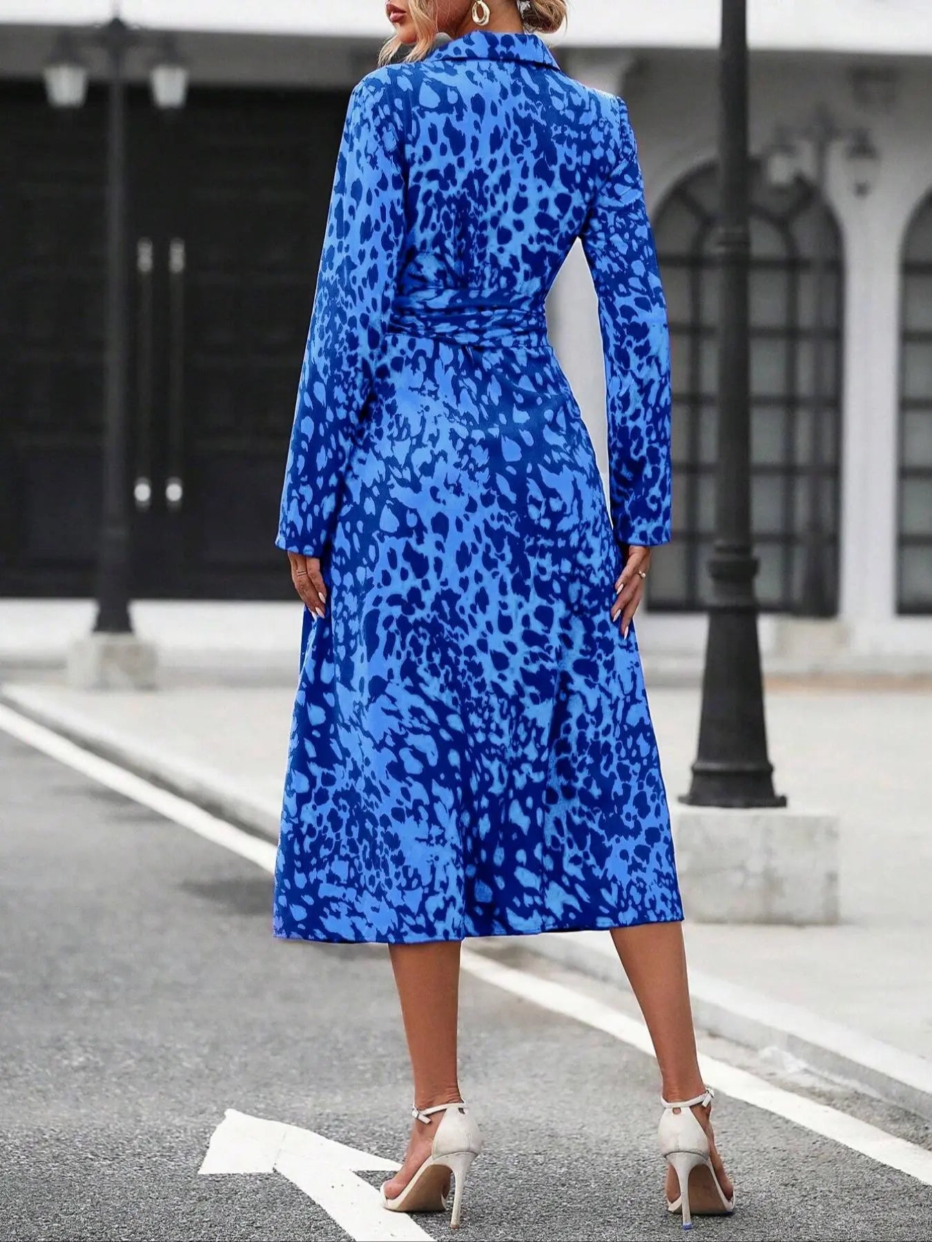 Women'S Spring Autumn Elegant Boho Casual Wear Geometric Tie Dye Print Button Front Belt Midi Dress, Long Sleeve Fitted Design, Multiple Color Options, Womenswear