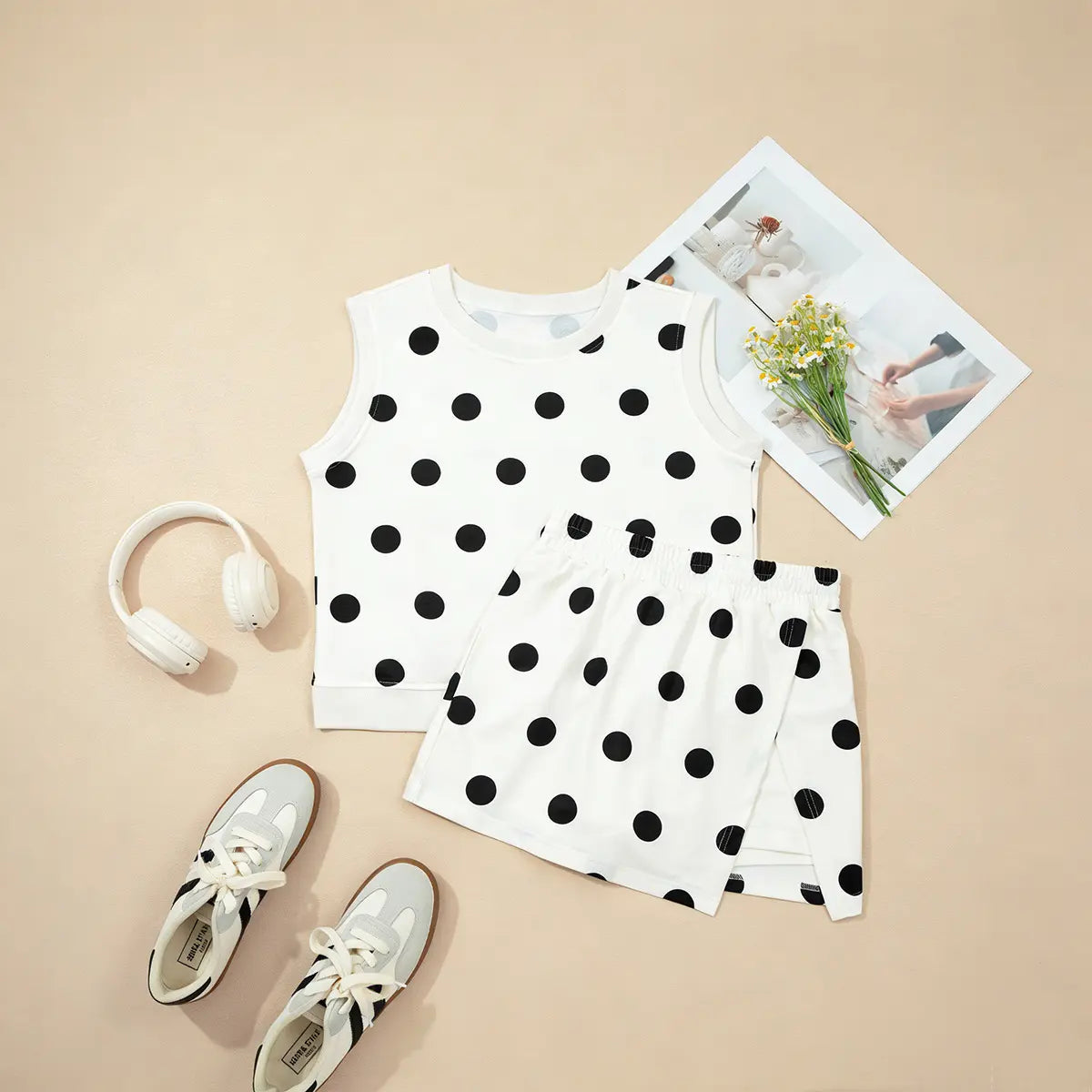 Mntaor Womenswear White Ribbed Trim Polka Dot Print Tank Top & Mini Skort Set Soft Stretch Fabric Split Front Design Perfect for Street Style Vacation& Festival Vibes - Clothes